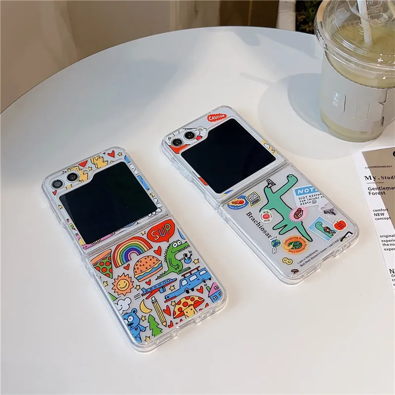 Cute Hand Drawn Phone Cases For Samsung Galaxy Z Flip 5 Hard PC Shockproof Cover Case For Samsung Z Flip5 ZFlip5