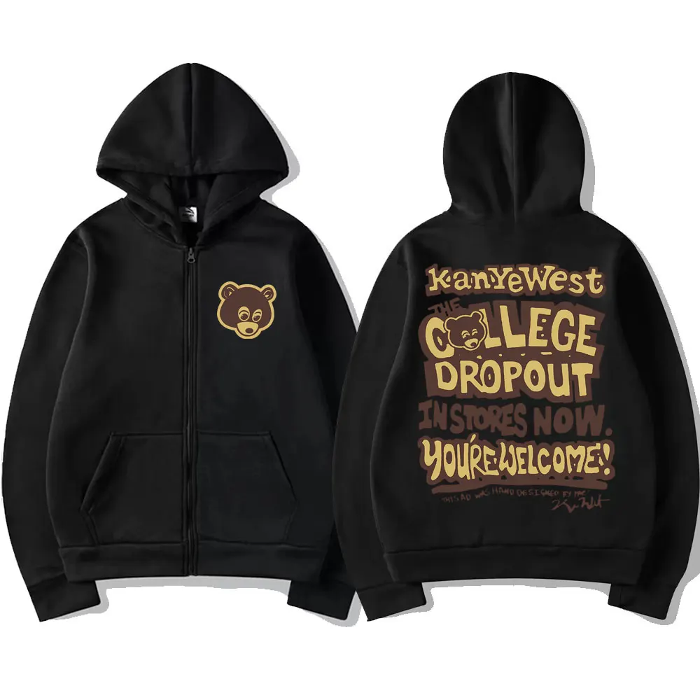 Kanye West The College Dropout Graphic Zipper Hoodie Men Women Hip Hop Vintage Hoodies Male Fleece Oversized Zip Up Jacket Coat