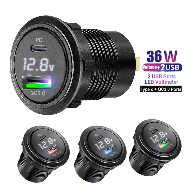 Type c usb socket 12v fast charge with voltmeter Power Outlet Dual USB adapter 12V/24V for Cars Boats Motorcycle