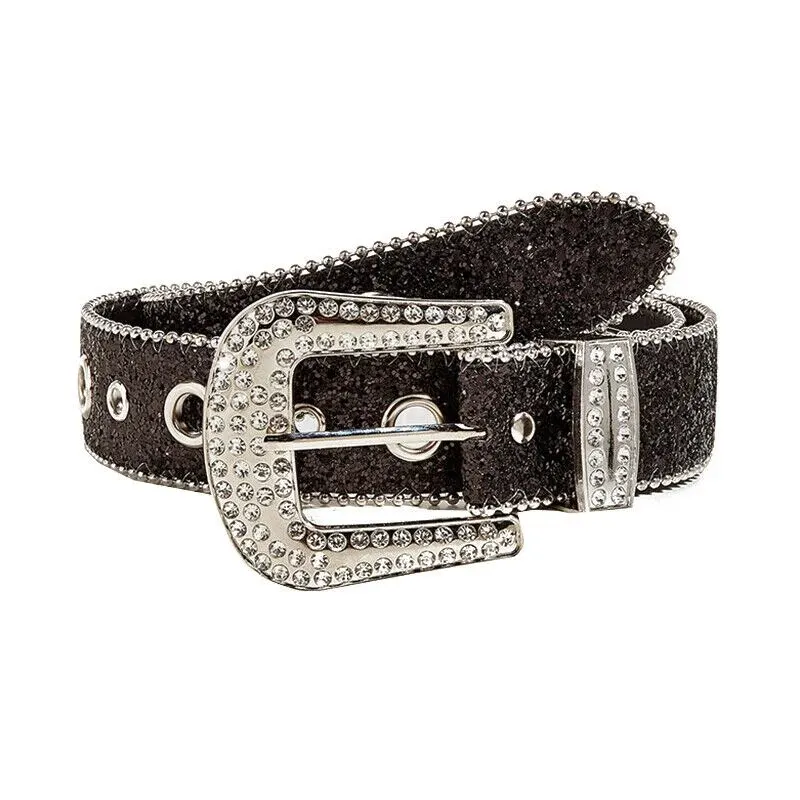 Gothic Black Silver Metal Buckle Rhinestone Belt Body Four Seasons Y2K Style Womens Jeans Belt