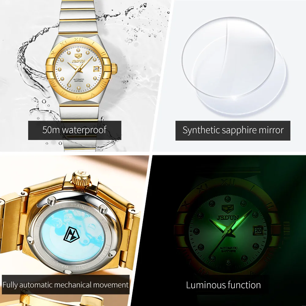 JSDUN Original Women s Automatic Mechancial Watches Sapphire Mirror Imported Movement Bar Waterproof Ladies Wristwatch