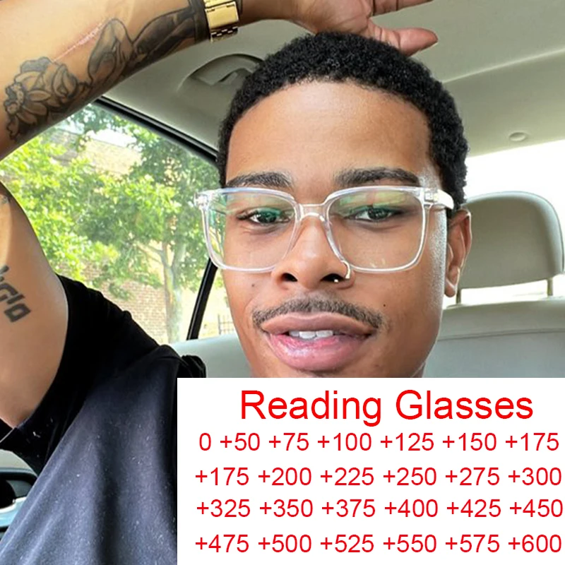 Square Transparent Men's Reading Glasses Vintage Frames Computer Blue Light Blocking TR90 Male Presbyopic Eyeglasses Leesbril +2