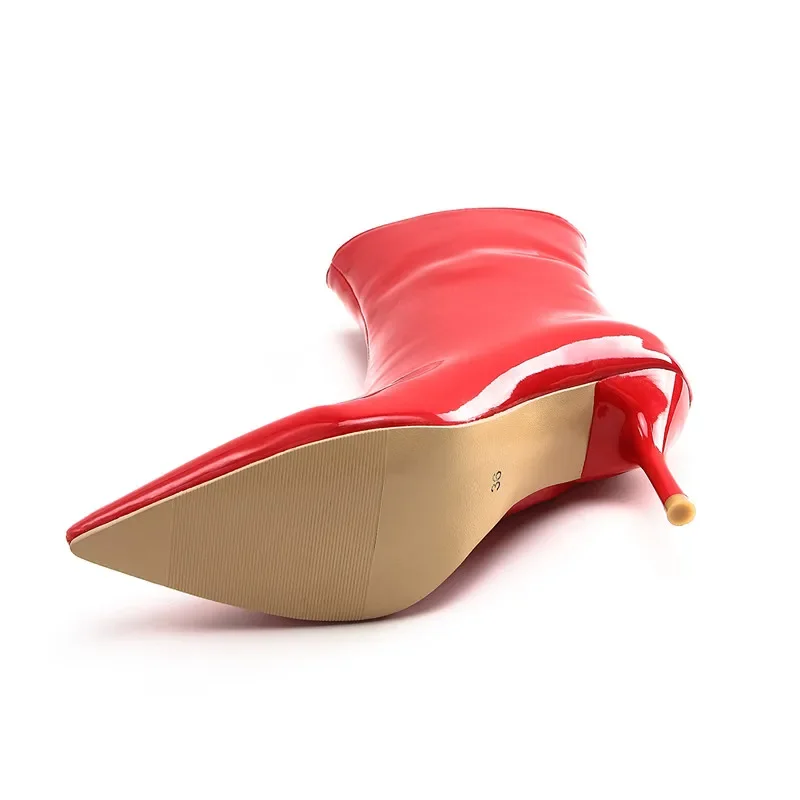 The New Patent Leather Ankle Boots Women Winter Autumn Square High Heel Zipper Boots Pointed Toe Woman Shoes White Red Black 39