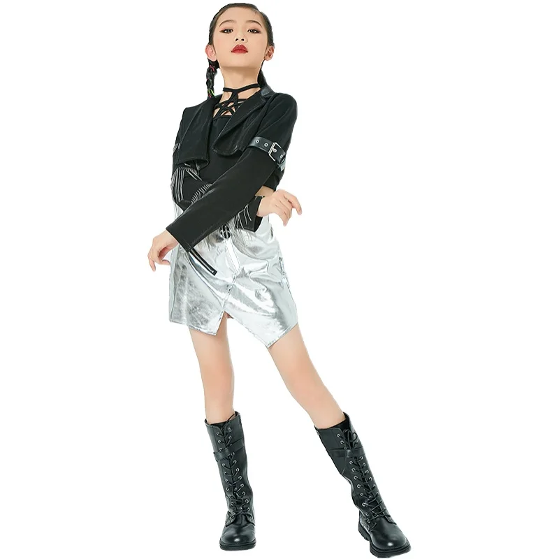 Clothing Stage Outfit Kids Modern Street Dance Wear Jazz Costume Fringe Jacket Silver Skirt Girls Hip Hop Performance