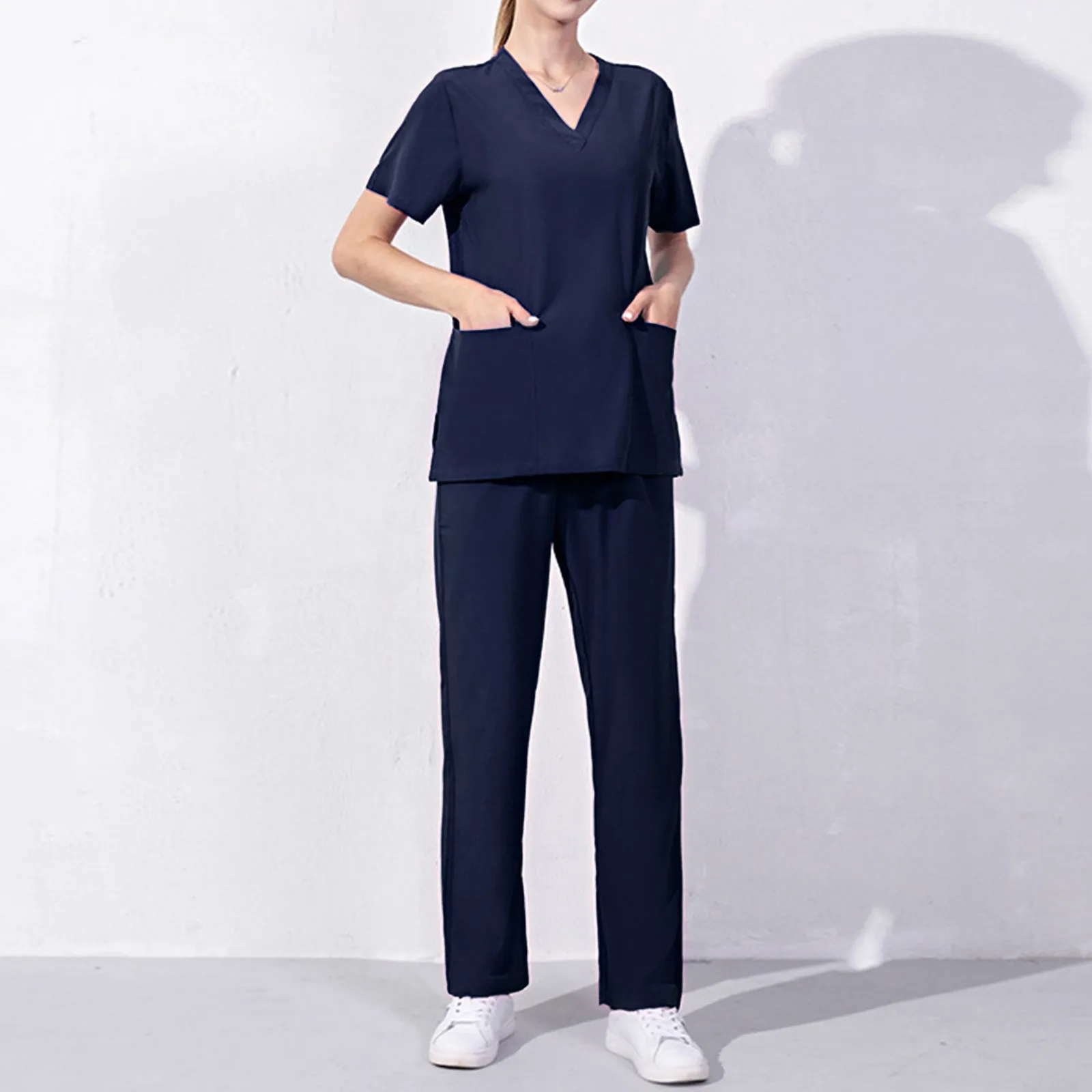 Scrub Uniform Tops Suit Two Piece Workwear Women Short Sleeve Nursed Working T Shirts Top With Pocket Long Pants Solid Color Set
