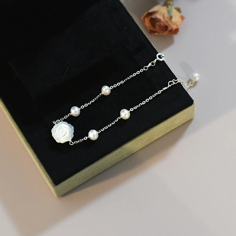 ASHIQI Natural Freshwater Pearl Shell Flower Bracelet 925 Sterling Silver Jewelry for Women New Trend