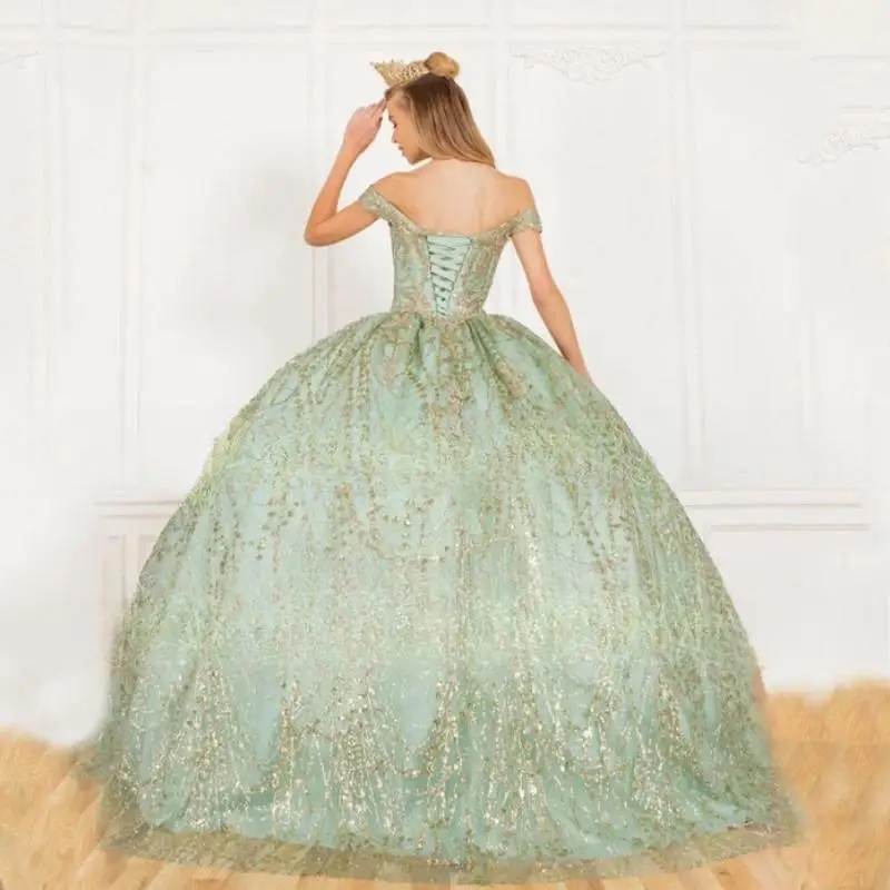 Sage Green Quinceanera Dresses 2025 Off The Shoulder Sweetheart Backless Lace-up Lace Ball Gowns Sweet 16 Vestidos de 15 Anos