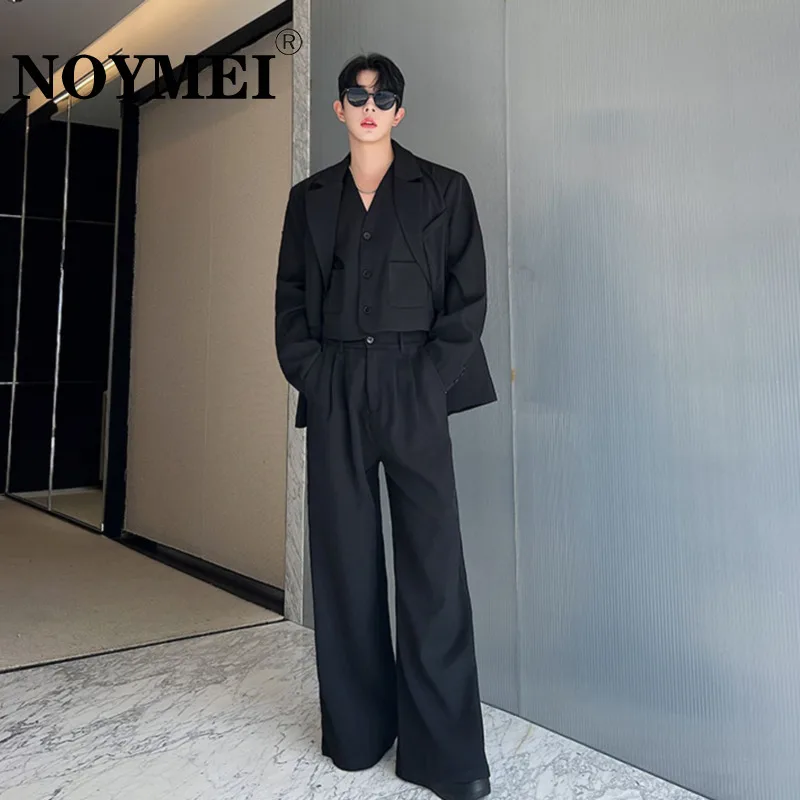NOYMEI Fashionable Suit Three Piece Set Black Temperament 2024 Autumn All-match Wide Leg Pants Casual Jacket Men Chic WA3119