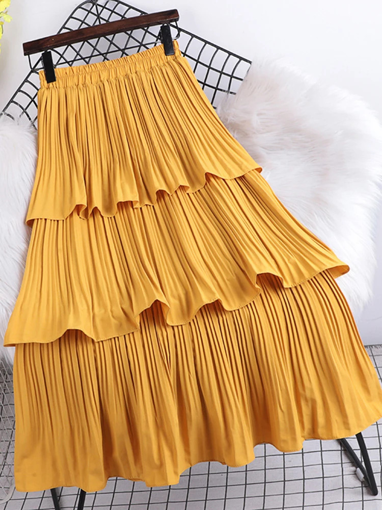 TIGENA Tiered Pleated Long Skirt for Women New Korean Casual Solid All-match A Line High Waist 2025 new Mid-length Skirt Female Purple