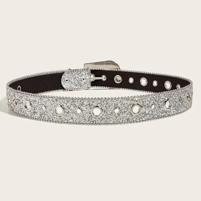 Gothic Black Silver Metal Buckle Rhinestone Belt Body Four Seasons Y2K Style Womens Jeans Belt