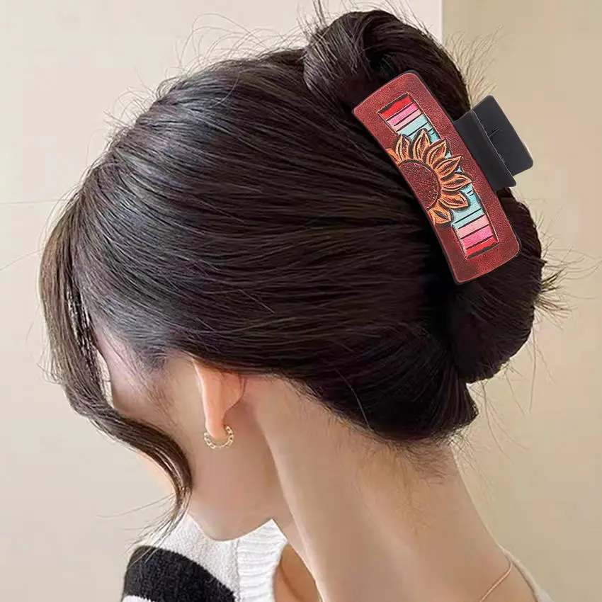 4 Inch Western Hair Claw Clip Faux Leather Sunflowers and Cactus Print Hair Accessory Clip for Women Cowgirl Jewelry Wholesale