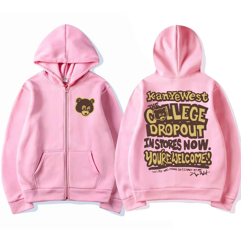 Kanye West The College Dropout Graphic Zipper Hoodie Men Women Hip Hop Vintage Hoodies Male Fleece Oversized Zip Up Jacket Coat