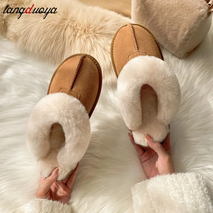Women Winter Top Quality Natural Cowhide Home Slipper Winter Lady Indoor Soft Wool Fur Slippers Female House Warm Shoes