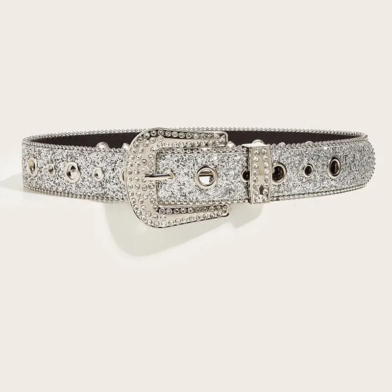 Gothic Black Silver Metal Buckle Rhinestone Belt Body Four Seasons Y2K Style Womens Jeans Belt