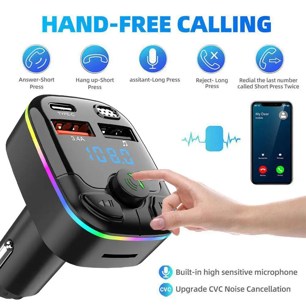 Car FM Transmitter 5.0 PD Type-C Dual USB 3.1A Fast Charger Colorful Ambient Light Handsfree MP3 Modulator Player Car BT Player