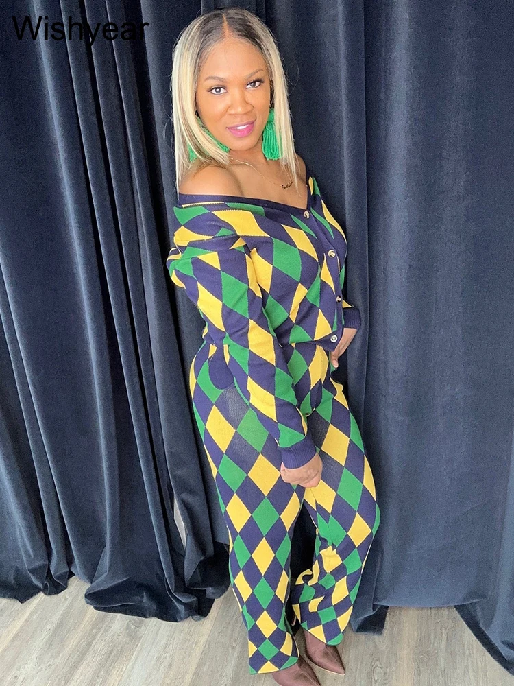 Casual Colorful Rhombic Lattice Knitted Long Sleeve Sweaters Tops and Wide Leg Pants 2 Piece Set Women Birthday Street Outfits