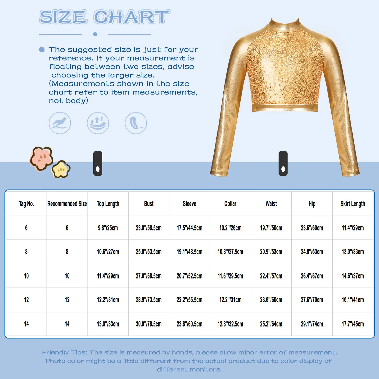 Kids Girls Shiny Metallic Crop Top Mock Neck Long Sleeve Front Sequin Fully Lined Athletic T-Shirts Jazz Hip-hop Dance Tops