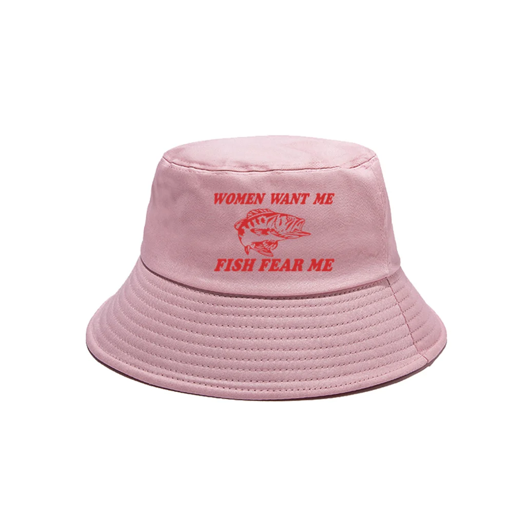 Women Want Me Fish Fear Me Bucket Hats Cool Outdoor Fishing Cap Summer Sunscreen Fisherman Hat MZ-478