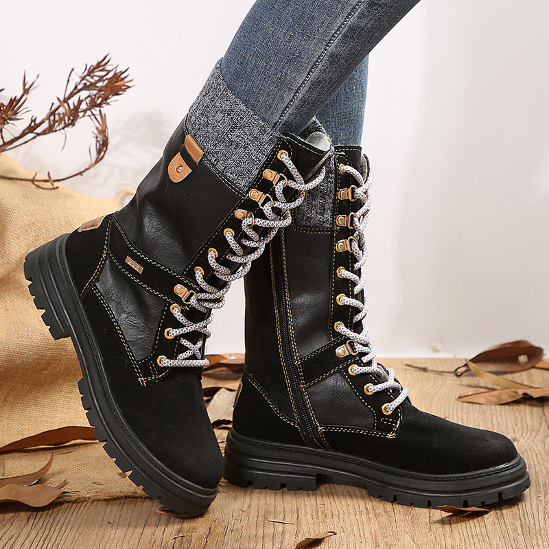 Patchwork Vintage Motorcycle Women Autumn Winter Lace Up Platform Mid Calf Boots New Woman Plus Size Non-Slip Riding Booties 92d3