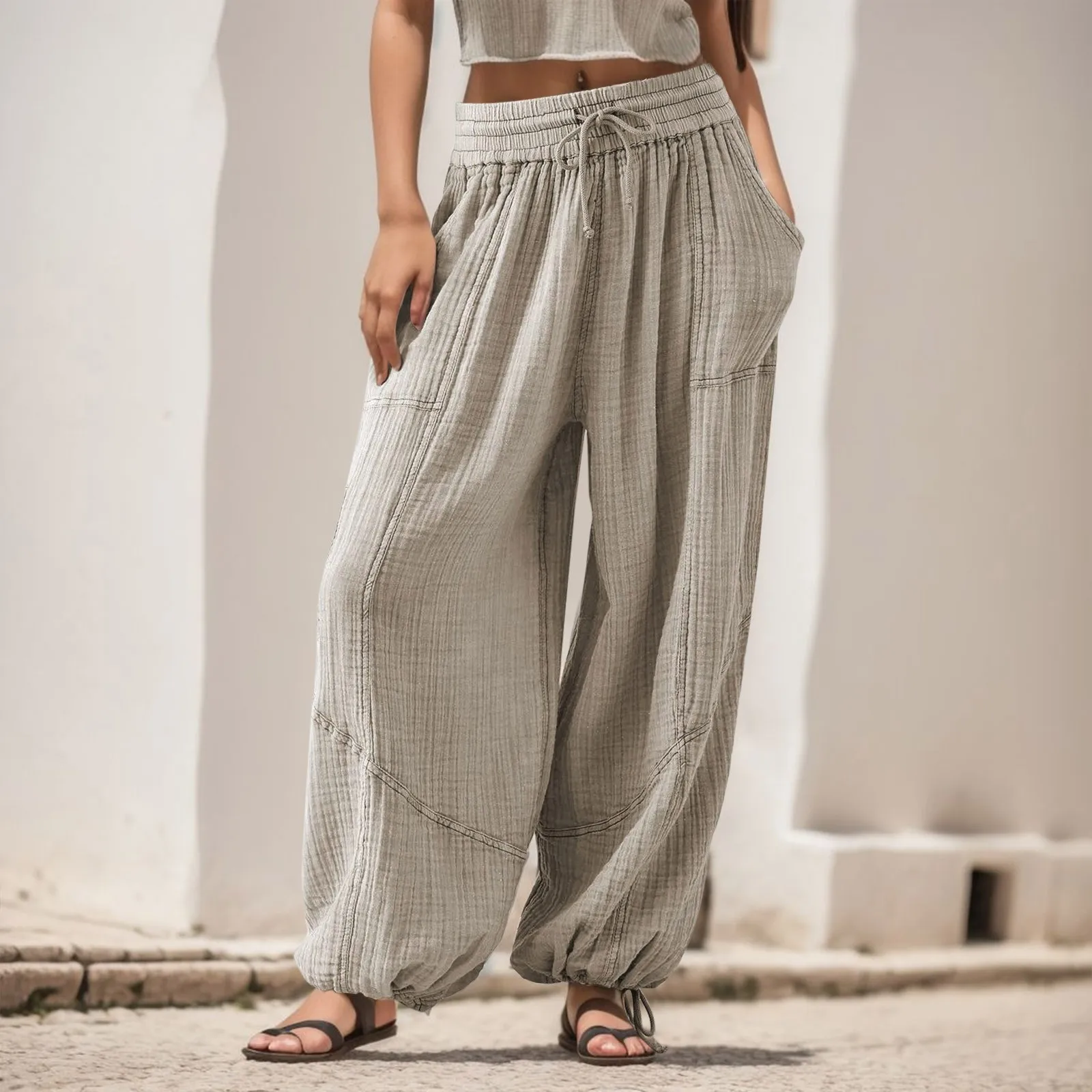 Women's Pants Loose Solid Elastic Waist Pocket Harem Pants Summer Vintage Boho Beach Trousers High Waist Wide Leg Pants