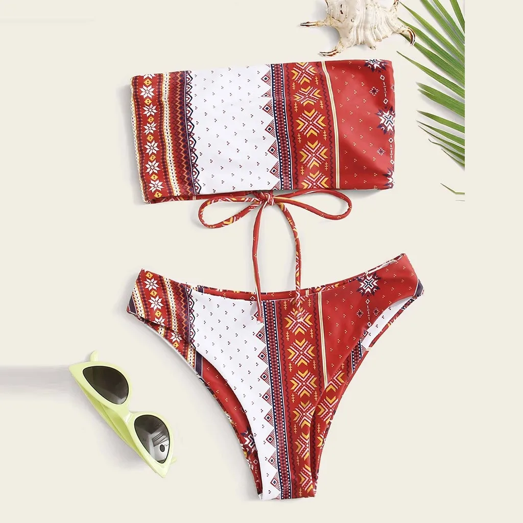 Sexy Women Two-piece Swimsuit Tube Top Bikini Suit Bohemian Ethnic Print High Waist Summer Bikini Set Beachwear