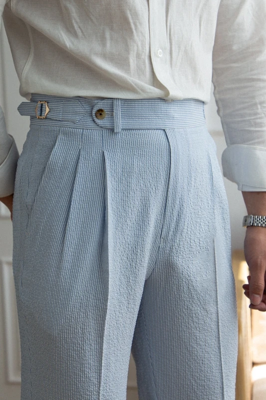 2023 Spring Seersucker High Waist Straight Pants British Petty Bourgeoisie Blue Stripe Italian Casual Trousers Men