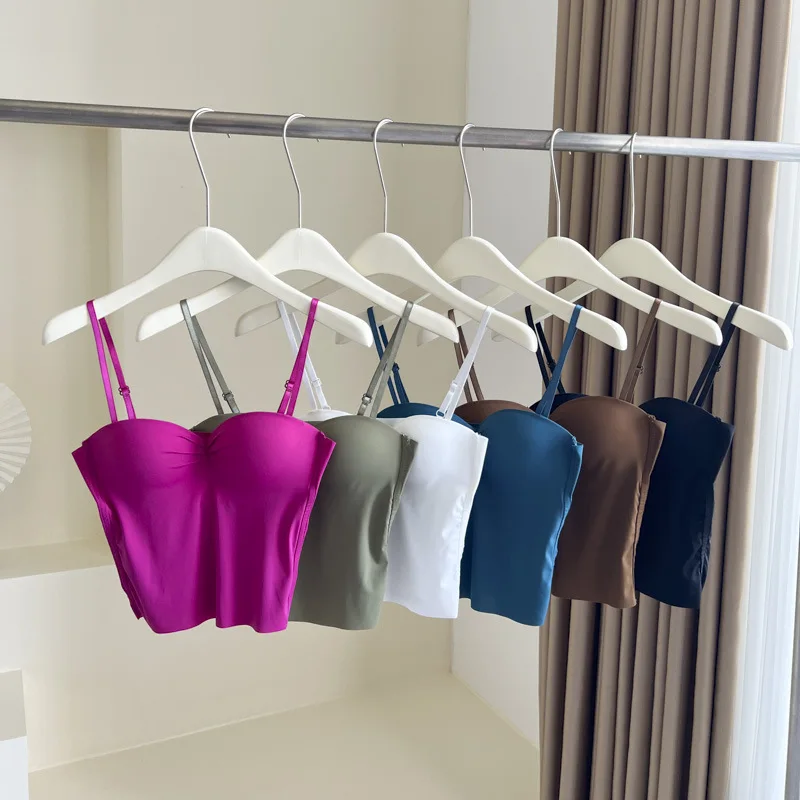 Summer Spaghetti Strap Ice Silk Camisole For Women Solid 2025 Push Up Crop Tops With Chest Pad Casual Soft new Tank Tops Built In Bra