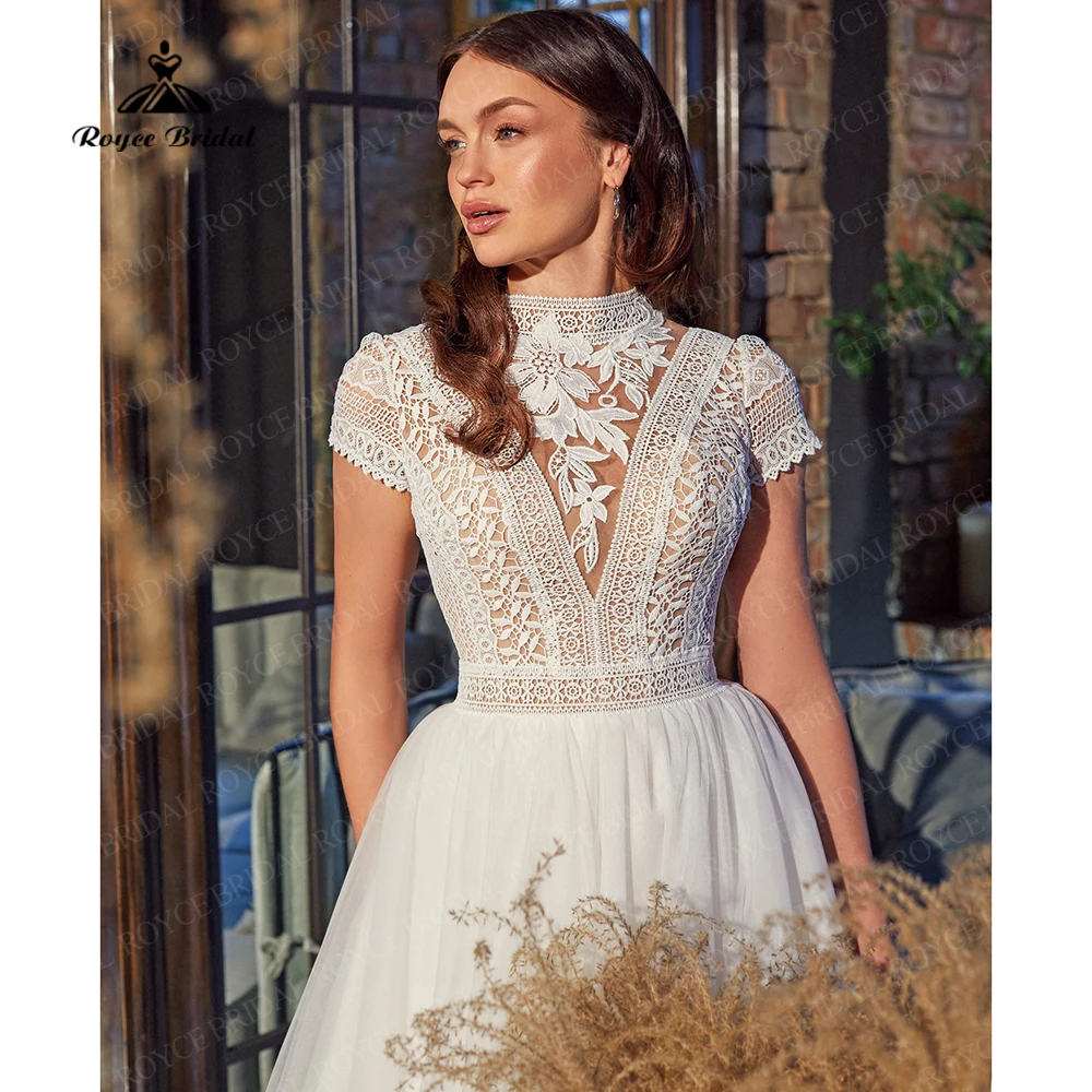 Elegant Bohomia Wedding Dresses Lace Tulle Beach Bridal Gowns Short Cap Sleeves Classic Wedding new Dresses vestido 2025 de novia sencill