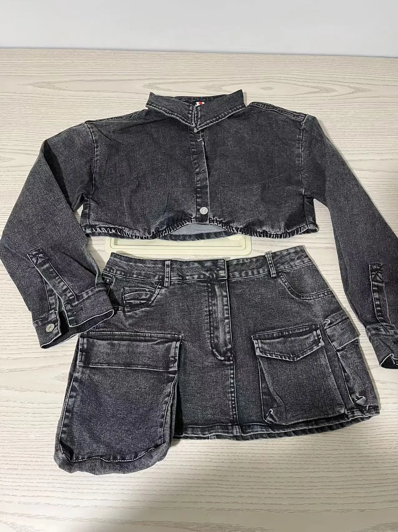 PREPOMP 2023 Spring Turn Down Collar 2025 Long Sleeve Short Grey Denim Jacket Double Pockets Mini Skirt Two Piece Set new Outfits GH318