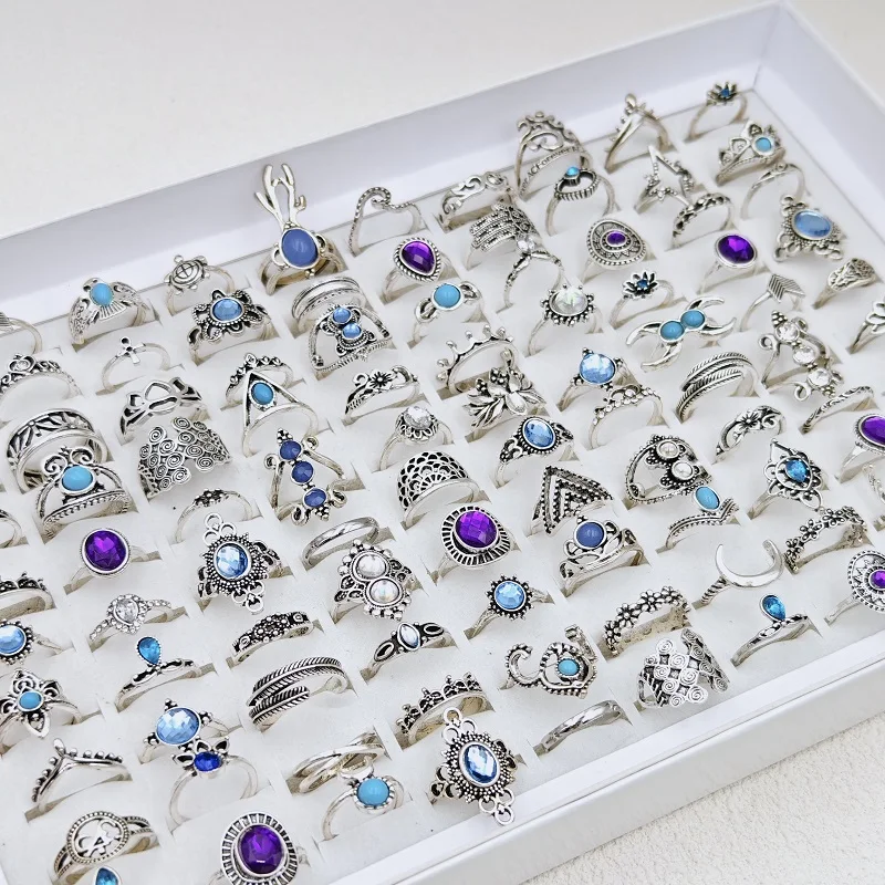 36Pcs/Lot Bohemia Vintage Silvery Rings for Women and Girl Mixed Alloy Crown Flower Finger Ring Charm Jewelry Gift Wholesale