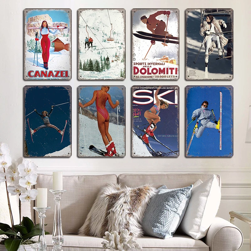 Sports Vintage Poster Skiing Metal Plaque Signs Alpine Skiing Beauty Metal Tin Plate Retro Wall Decor for Ski Club Bar Pub Home smile
