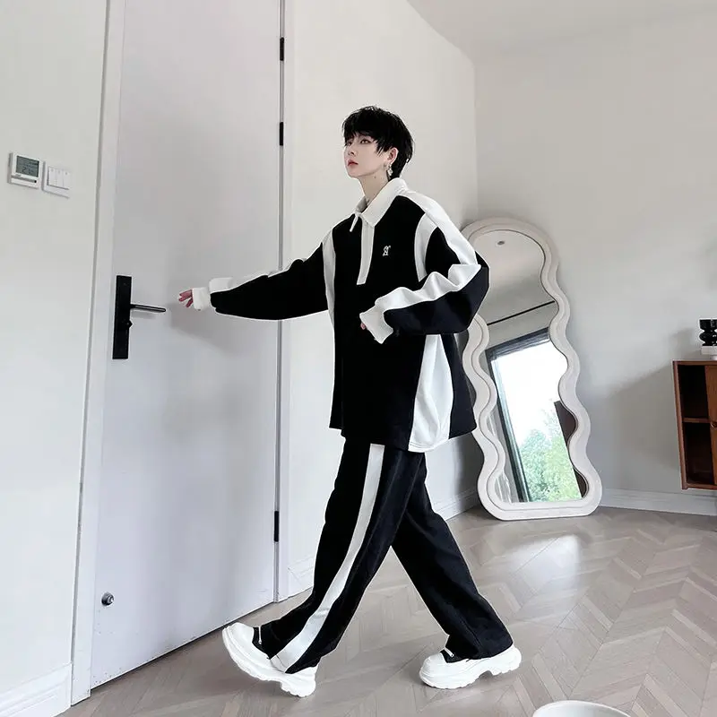 Elegant Black White Color Contrast Sports Shirt Set Long Sleeved Polo Shirt Sweatpants Two Piece Set Casual Handsome Tracksuit