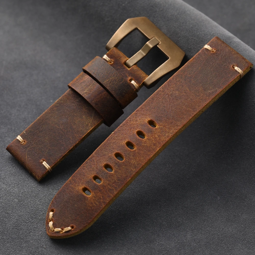 Handmade Bronze Watch Accessories Bracelet 20 22 24MM Brown Men's Vintage Bracelet Head Layer Cow Leather Straps