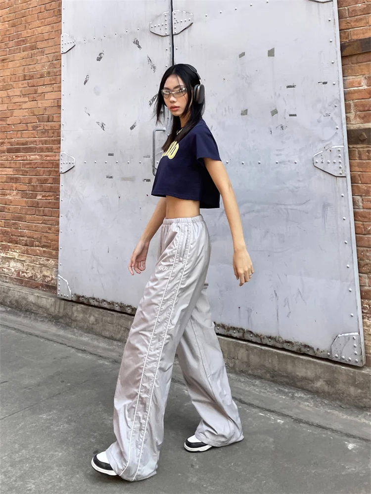 QWEEK Y2K Vintage Navy Blue Track Pants Women Gorpcore Streetwear Gray Sports Trousers Oversize Korean Black Wide Leg Sweatpants
