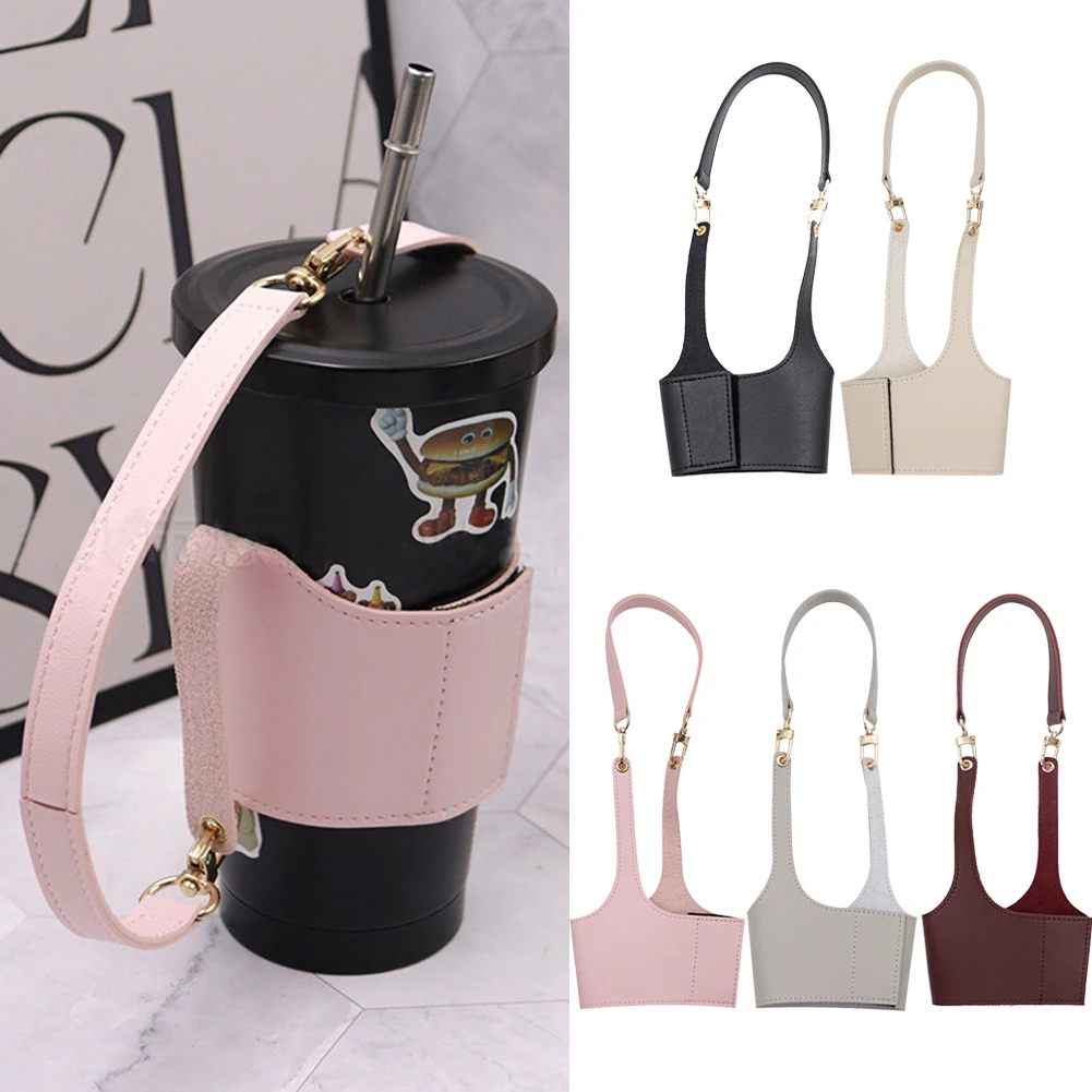 PU Leather Shoulder Crossbody Water Bottle Holder Mug Bag Adjustable Portable Coffee Cup Holder Chain Bottle Cover For Travel