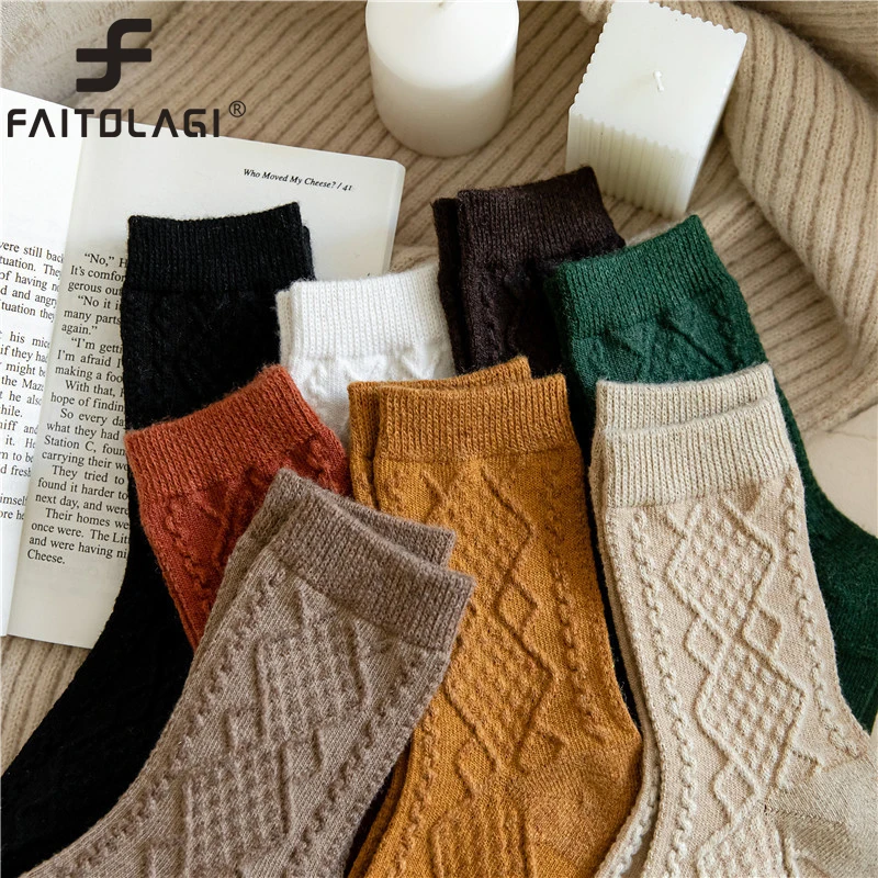 Thick Wool Knitted Socks For Women Men Winter Warm Mid Tube Sock Thermal Snow Boots Solid Color Plush Haruku Sockken Sox 5