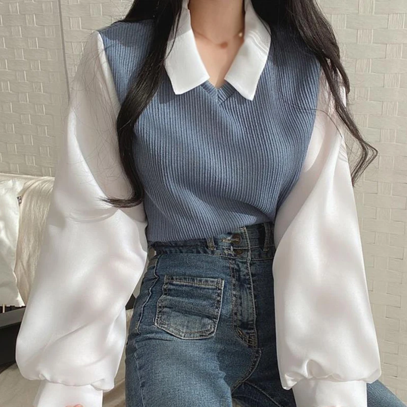 Autumn Winter Women's T-shirts Lapel new Casual Versatile Long Sleeves 2025 FakeTwo Pieces Tops