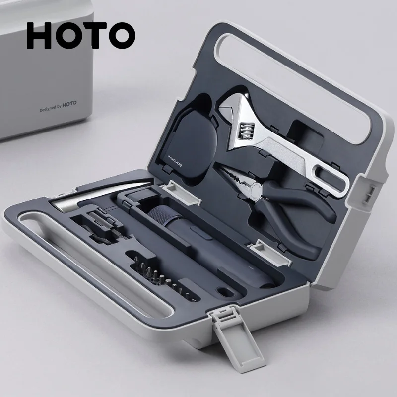 HOTO Electric Screwdriver Tool Set Repair Tool Kit Mechanical Tools Box for Home DIY Adjustable Spanner Hammer Tape Measure