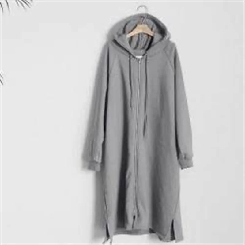 2023 Autumn Woman Long Coat Lady Loose Casual Grey Black Almond Blue Women's Hoodies Coat New Hoody Zip Up Pockets Long Sleeves