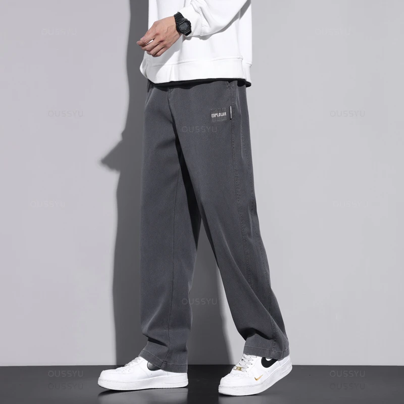 New Upgraded Soft Cosy Lyocell Fabric Men's Pants Baggy Straight Elastic Waist Thick Casual Wide Trousers Male Oversized M-5XL