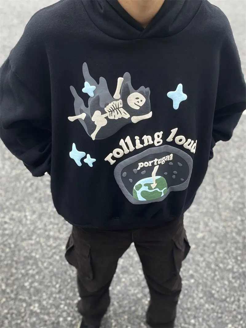 Europe and America High Street Retro Goth 3D Foaming Pattern Hoodie Men Y2k New Harajuku Hip Hop Popular Sweatshirt Unisex Tops