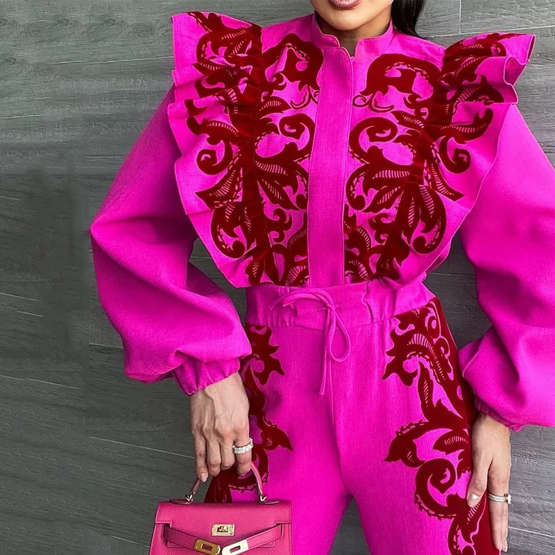 Wefads Women Two Piece Set Autumn Casual Printed Pleated Long Lantern Sleeve Zipper Top Drawstring Ruffles Lace Up Pants Sets