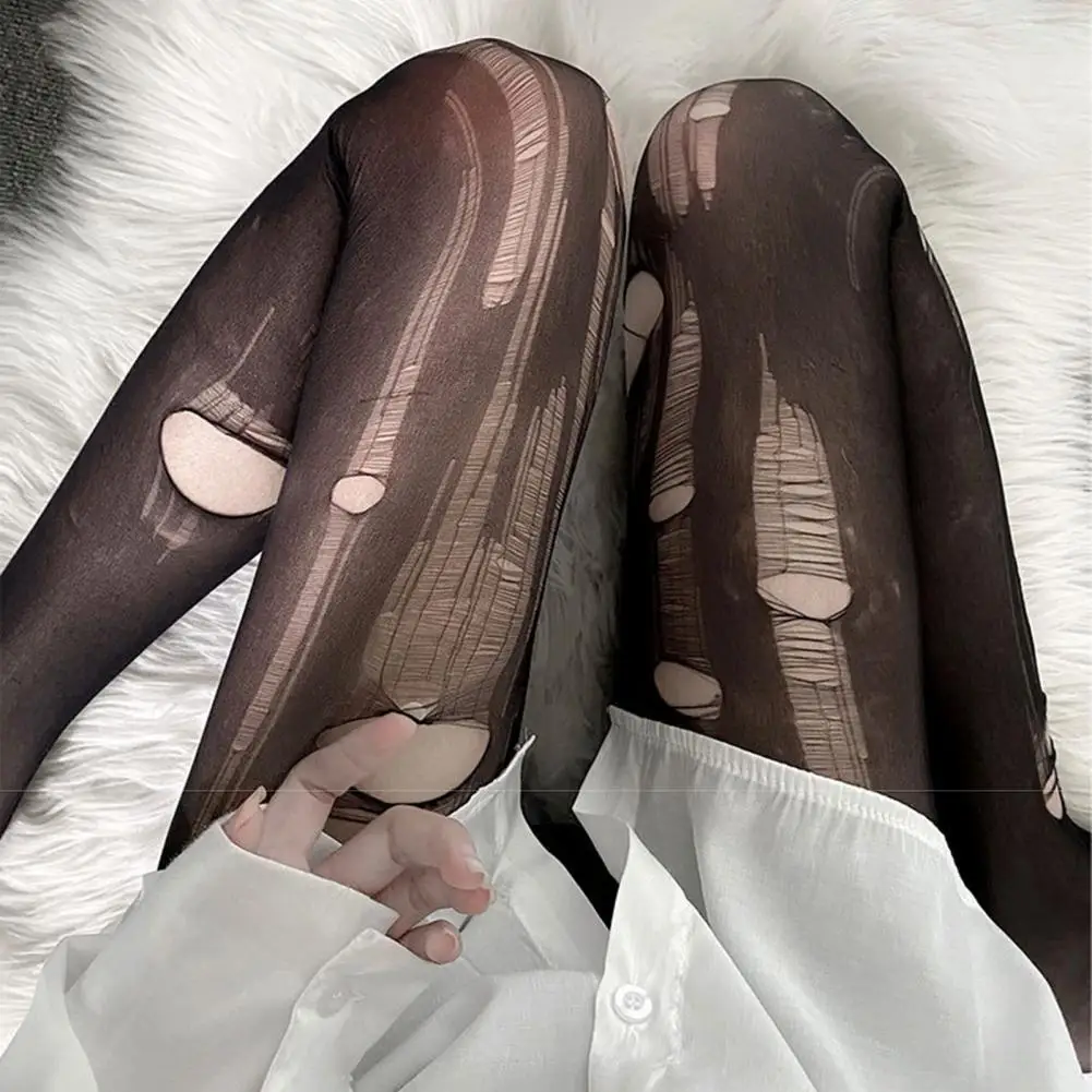 Women Pantyhose Sheer Great Elasticity Hollow Out Sexy Ripped Anti-dislodging Line Tights Stockings Leggings
