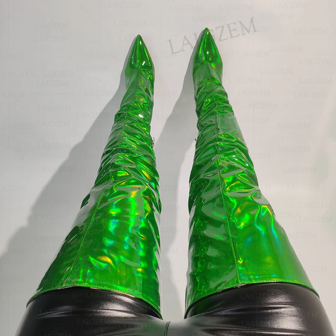 LAIGZEM Women Thigh High Boots Holographic Side Zip Thin High Heels Over Knee Boots Party Ladies Shoes Woman Big Size 43 45 47