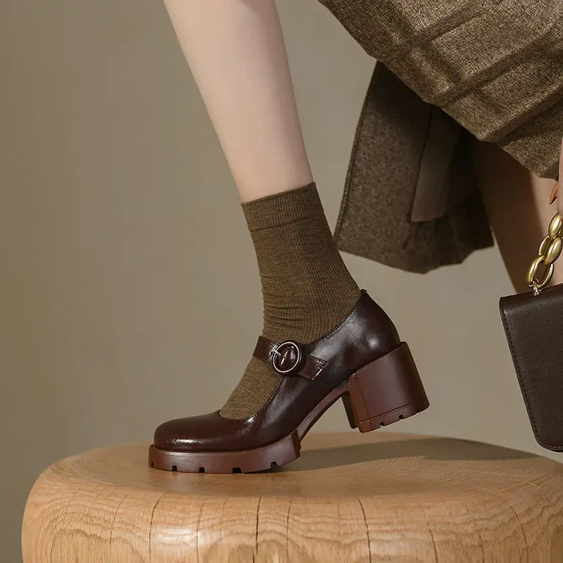 2024 New Cow Leather Mary Jane Women's Shoes LEISURE Buckle Platform Shoes Shallow Pumps Round Toe Shoes Woman Zapatos De Mujer