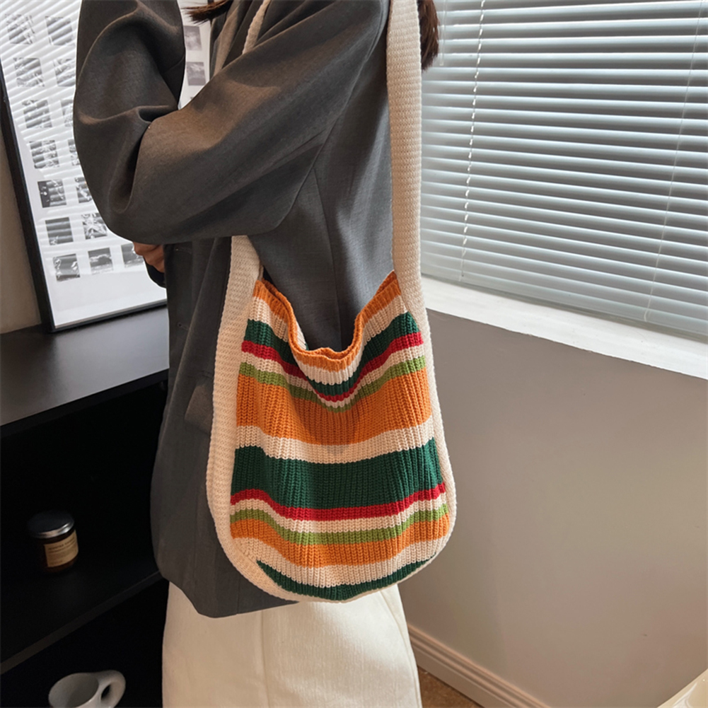 Women Crocheted Shoulder Purse Large Capacity Aesthetics Sling Bag Contrast Color Cute Tote Handags Woven Bag for Female Girls