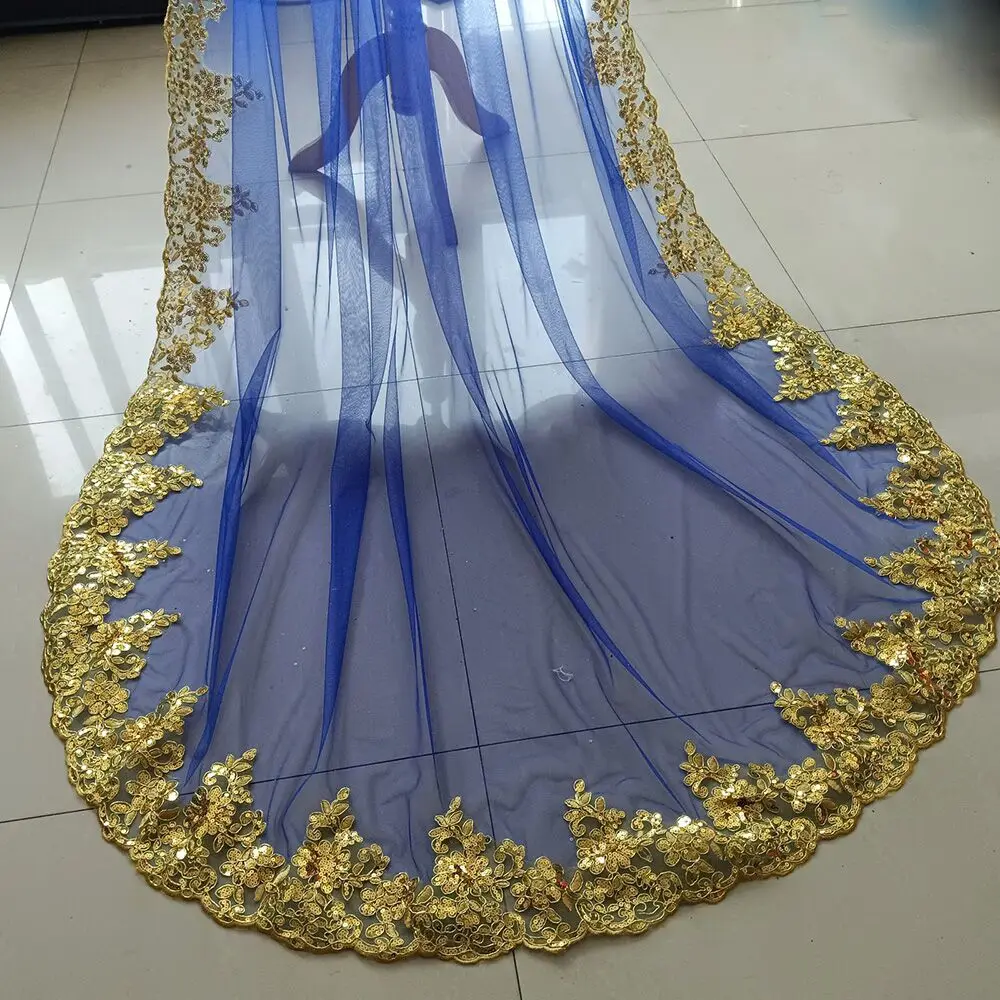 New Royal Blue Red 3 Meters 3.5M new 4M 5M Bling Sequins Gold Lace Long Cathedral 2025 Wedding Veil Colorful Bridal Veil with Comb