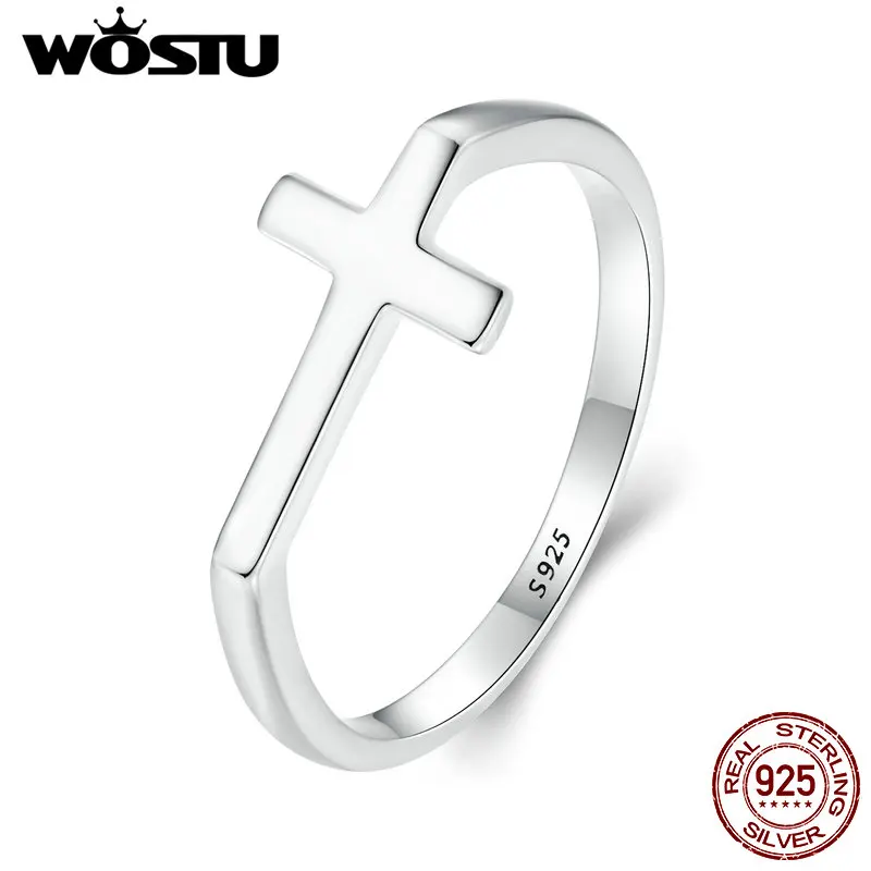 WOSTU Real Sterling Sier Simple Cross Finger Ring for Women Daily Wear Guard Female Jewelry Gift For Daugther Family