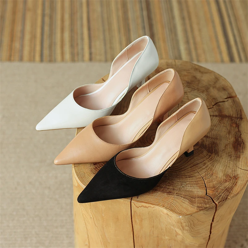 Meotina Women Two-Piece Shoes Genuine Leather High Heel Pointed Toe Pumps Thin Heels Kid Suede Shoes Ladies Autumn Beige 33-40