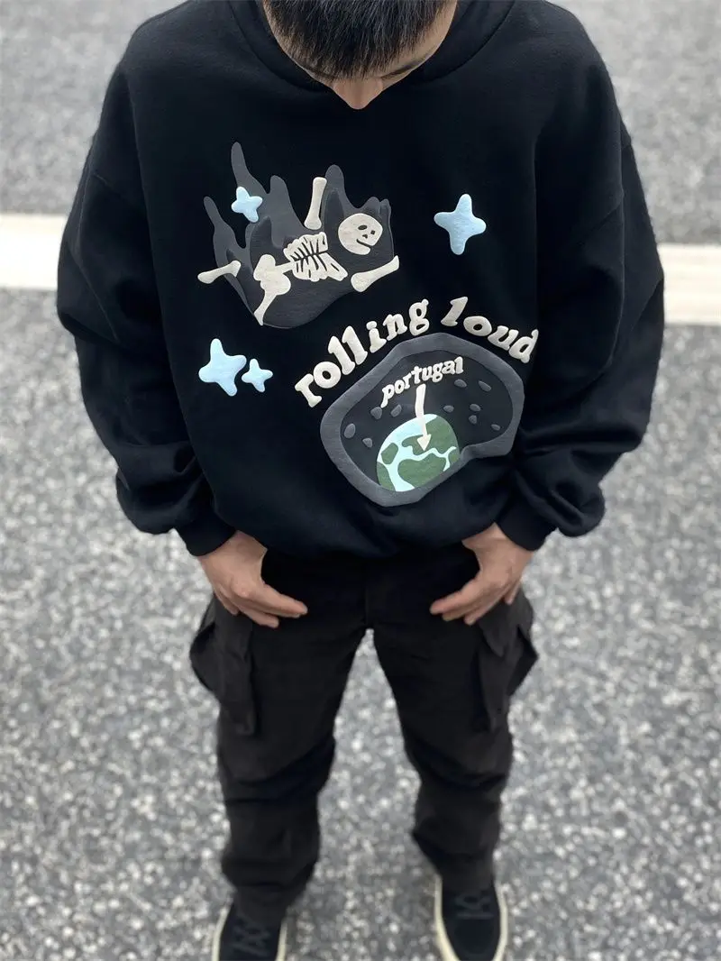 Europe and America High Street Retro Goth 3D Foaming Pattern Hoodie Men Y2k New Harajuku Hip Hop Popular Sweatshirt Unisex Tops